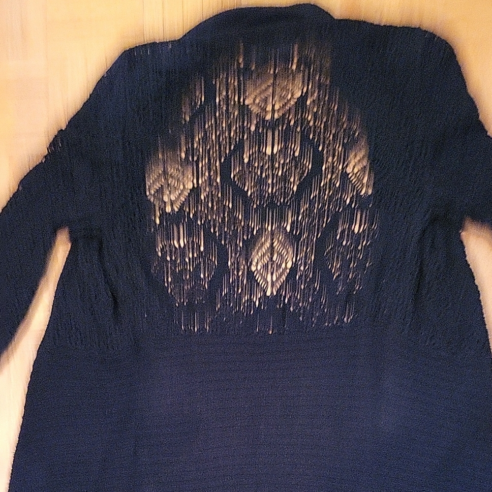 Belldini Black Elegant Open Cardigan Sweater, Crochet Lace Back & Sleeves, M - Picture 11 of 16
